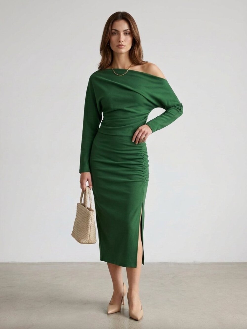 ZARA Forest Green Draped Two-Piece Co-Ord Midi Skirt Set Sz S